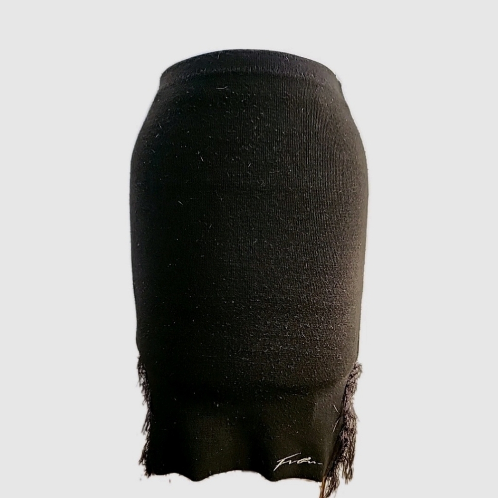 FUBU Y2K Stretch Knit Black Pencil Skirt with Feather Trim Size M